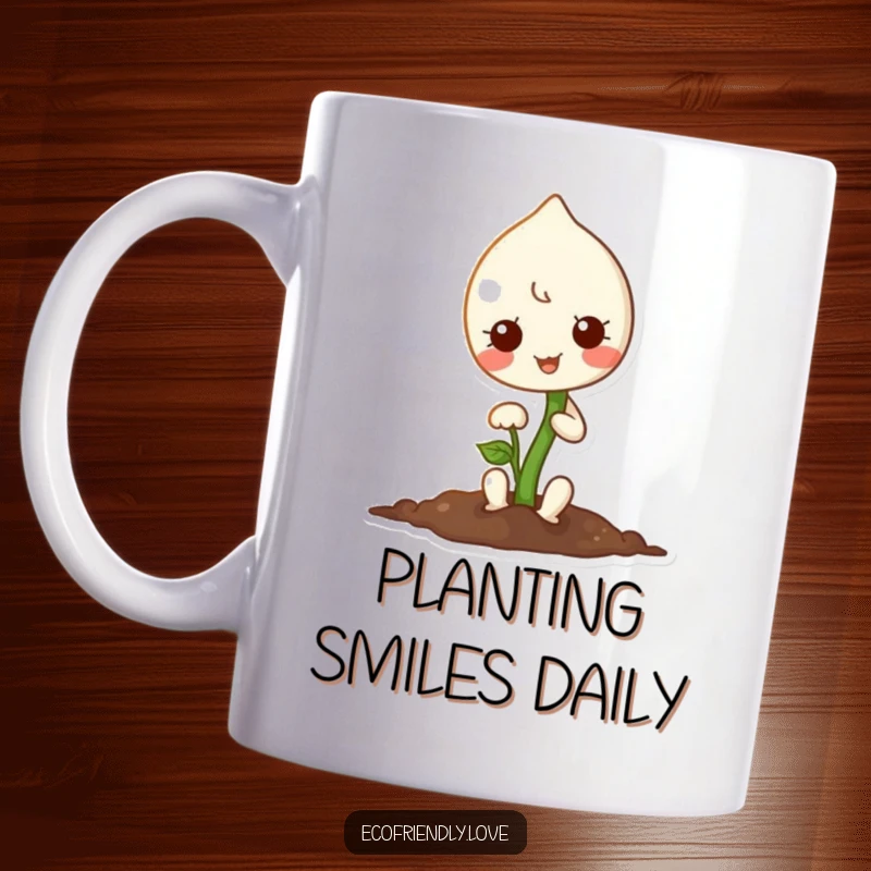 Funny mug showing a cute kawaii sprout character joyfully planting a small seed, symbolizing growth and happiness.