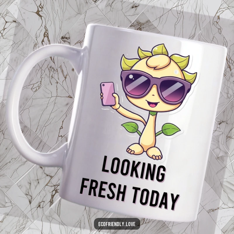 Funny Kawaii Sprout Mug: A cute sprout character wearing oversized sunglasses, comically taking a selfie with a phone.