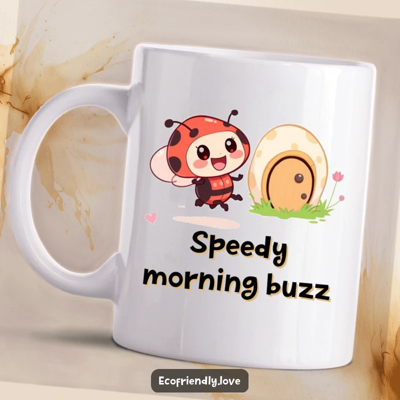 Funny mug showing an excited ladybug character rapidly zooming past a smiling, welcoming mushroom house in a vibrant garden.