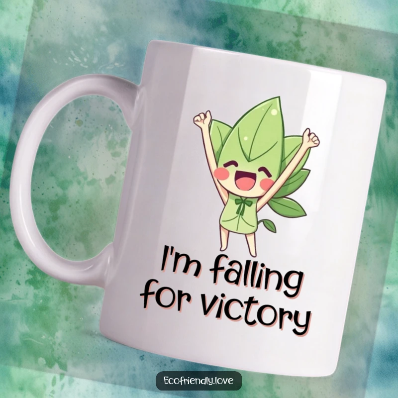 Funny mug showing a cheerful leaf character with arms raised high in a gesture of pure triumph.