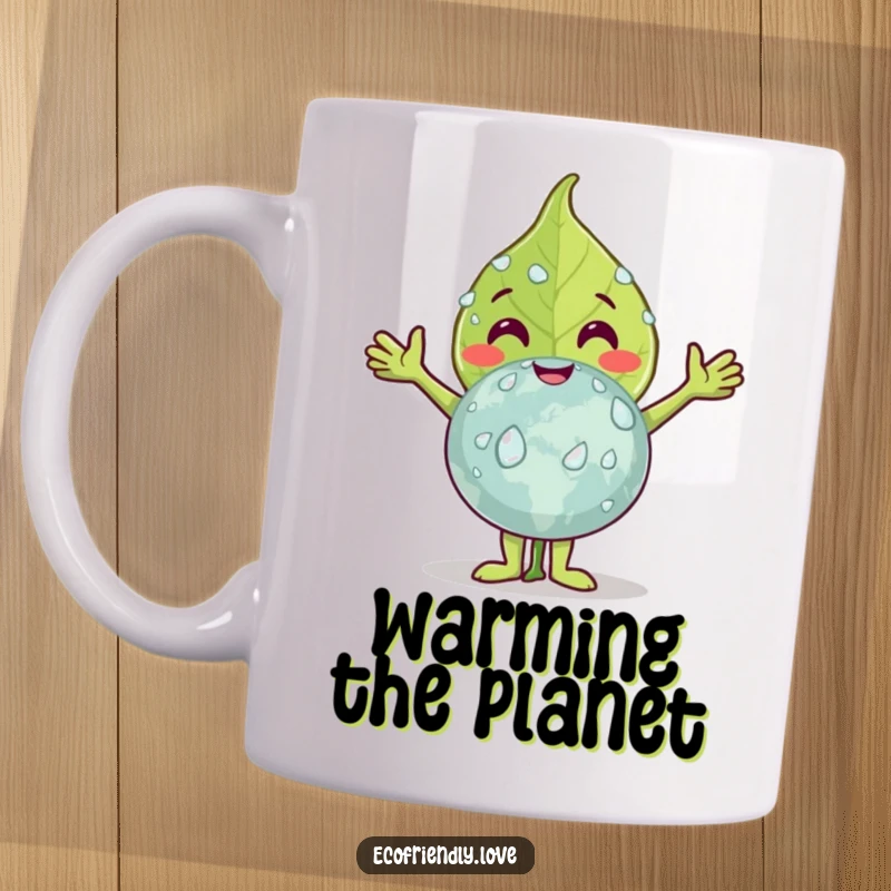 Funny leaf mug featuring a smiling leaf character with arms outstretched, affectionately embracing a globe dotted with dew drops, symbolizing care for Earth.
