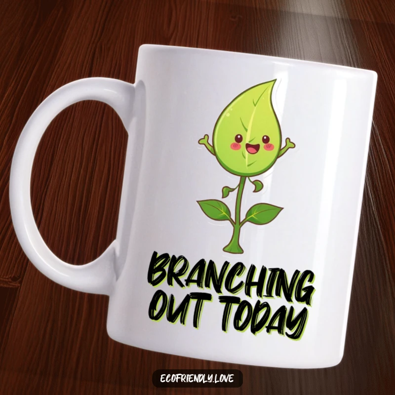 Funny leaf mug featuring a happy character leaping joyfully over a small sprout, representing growth and playful energy.
