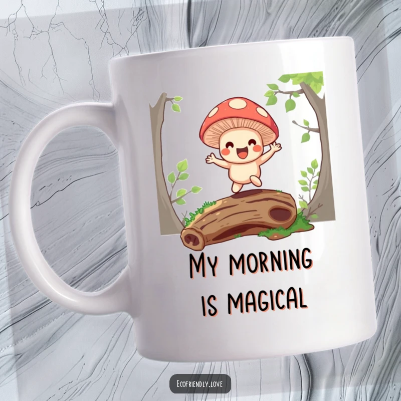 Funny mug featuring a happy mushroom character joyfully bouncing on a soft, mossy log, embodying forest fun.