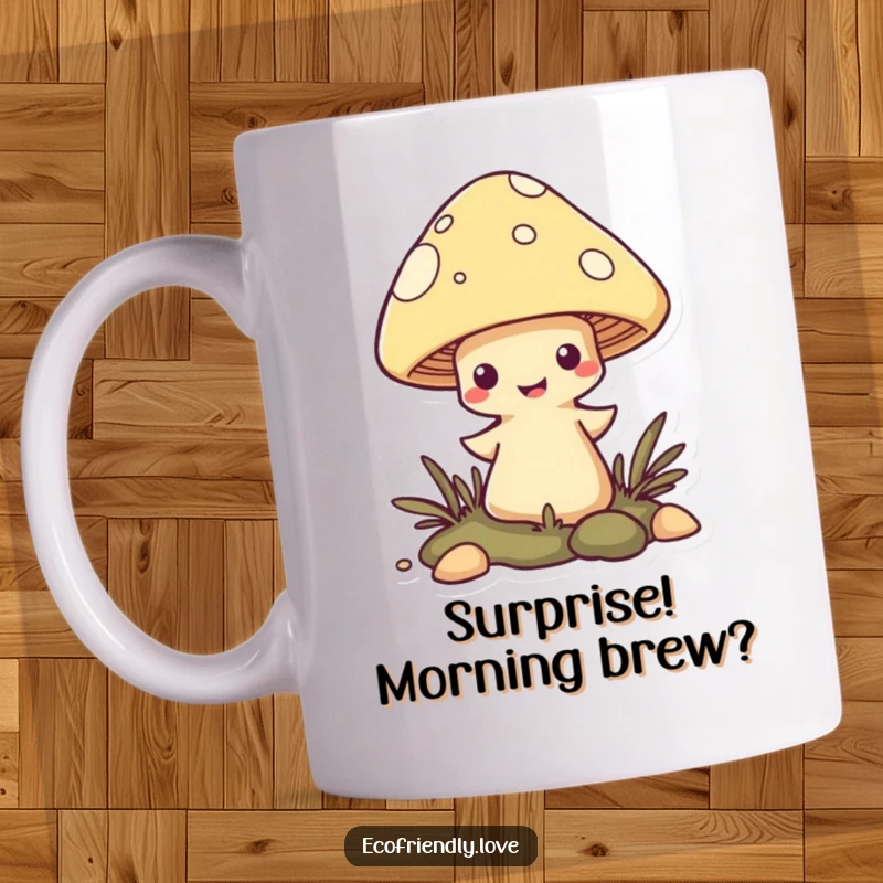 Funny Mushroom Mug featuring a mischievous character popping energetically out of the ground, bringing a whimsical touch.
