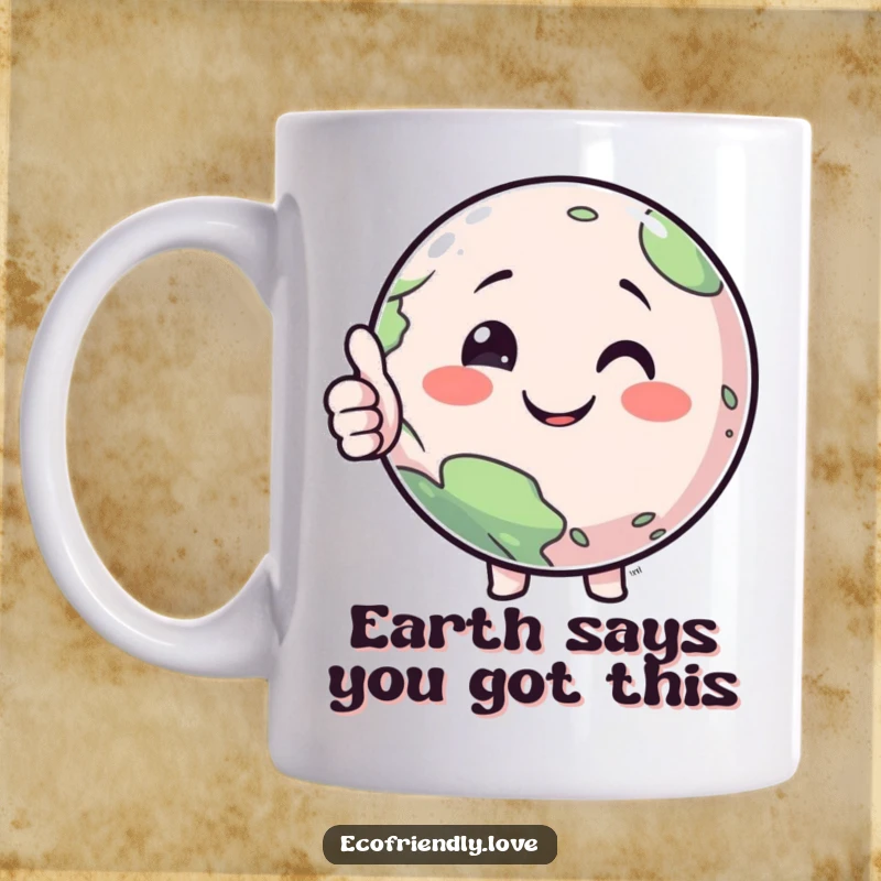Funny mug featuring a smiling anthropomorphic planet character giving a positive thumbs up gesture, radiating happiness and good vibes.