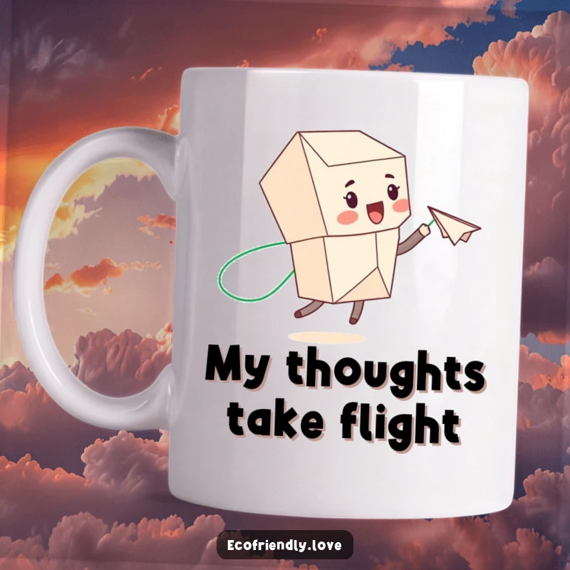 Funny recycled paper character throwing a paper airplane with a green trail, on a ceramic mug, embodying eco-friendly fun.