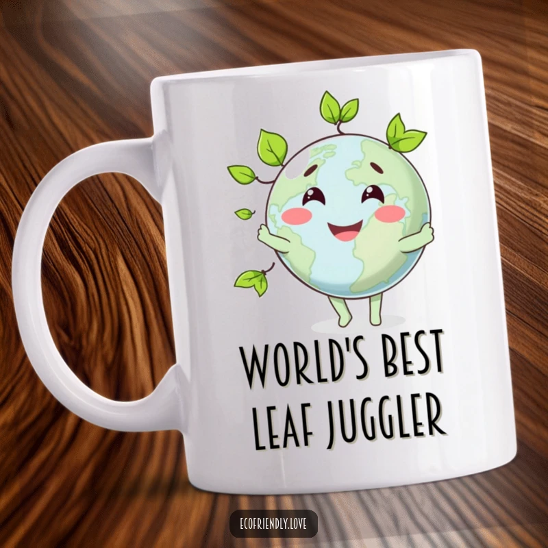 Funny mug showing a cheerful globe character skillfully juggling three vibrant green leaves, radiating joy and environmental awareness.