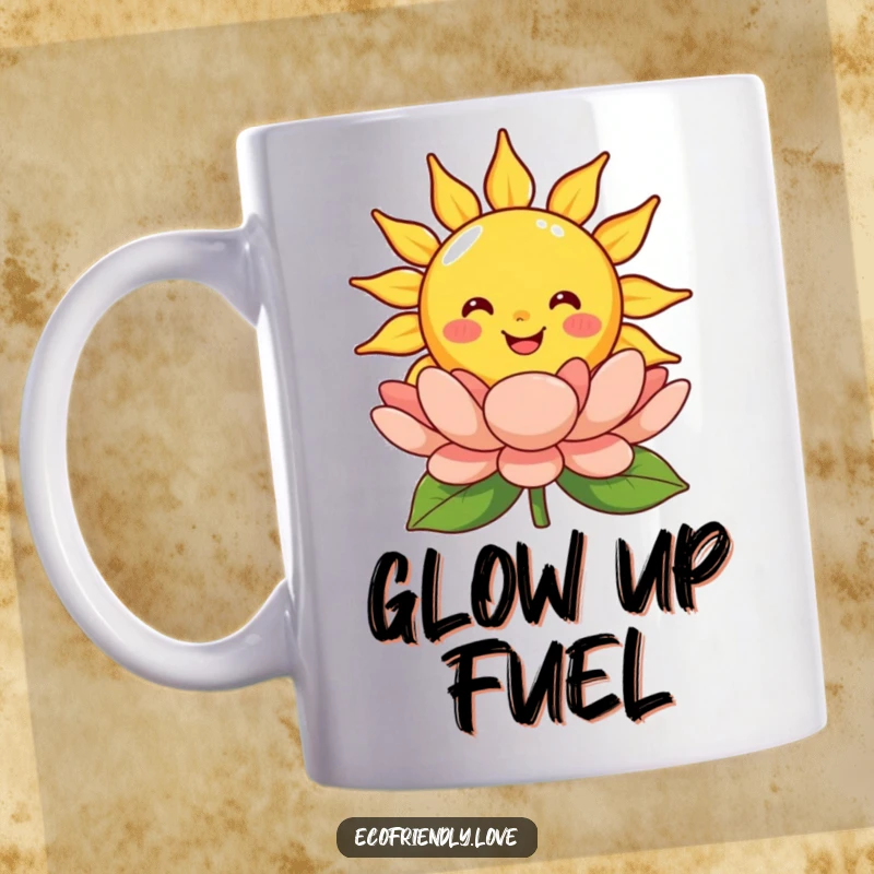 Funny smiling sun mug with a cheerful cartoon sun character beaming warmly down on a colorful blooming flower, symbolizing happiness.