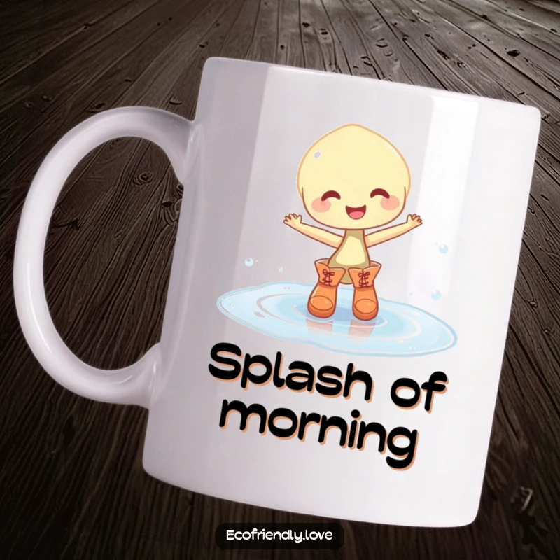 Funny mug featuring a pudgy sprout in tiny boots happily dancing in a sparkling water puddle, full of pure, unadulterated joy.