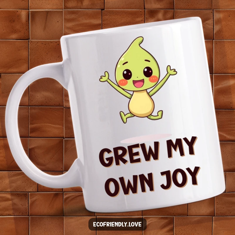 Funny Mug: A smiling sprout character leaping joyfully in celebration, radiating happiness and positive energy.