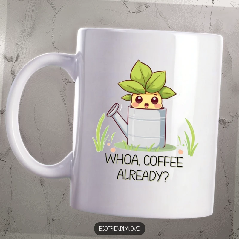 Funny mug featuring a cute sprout character with wide, surprised eyes peeking out from a watering can, ready for a splash.