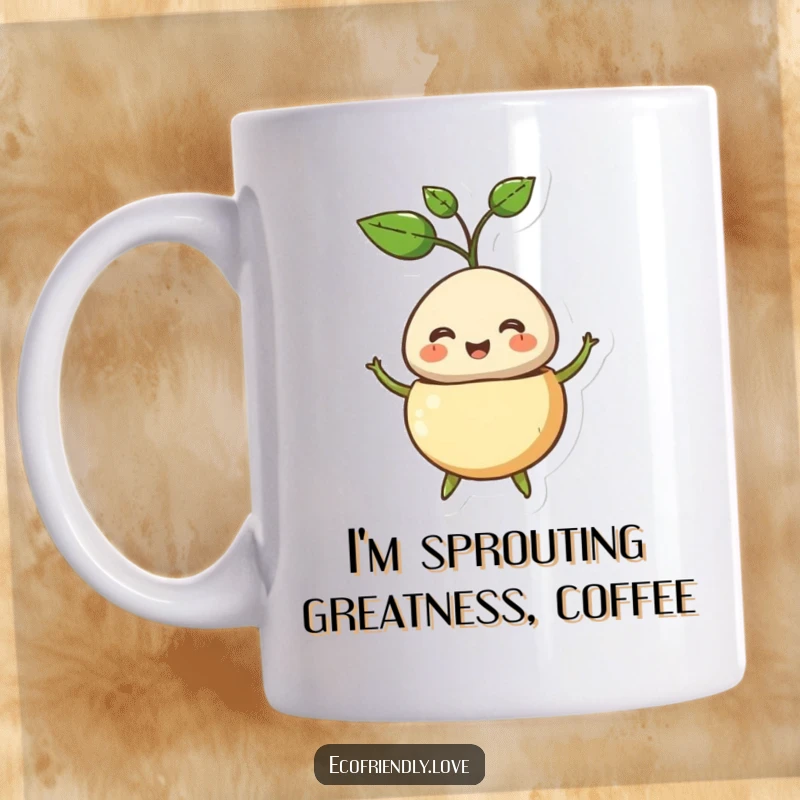 Funny mug featuring a smiling seed character bursting open with a playful sprout, symbolizing new beginnings and joy.
