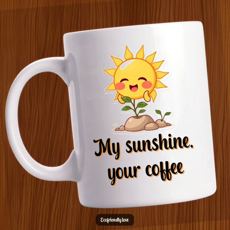 Funny mug featuring a giggling sun character beaming down warm, bright light onto a happy plant below, symbolizing growth and joy.