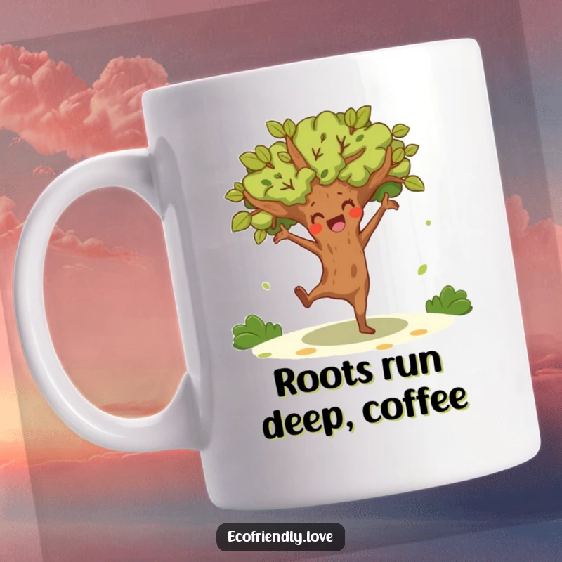Funny tree character doing a joyful, energetic dance, radiating happiness and movement on a cheerful mug.