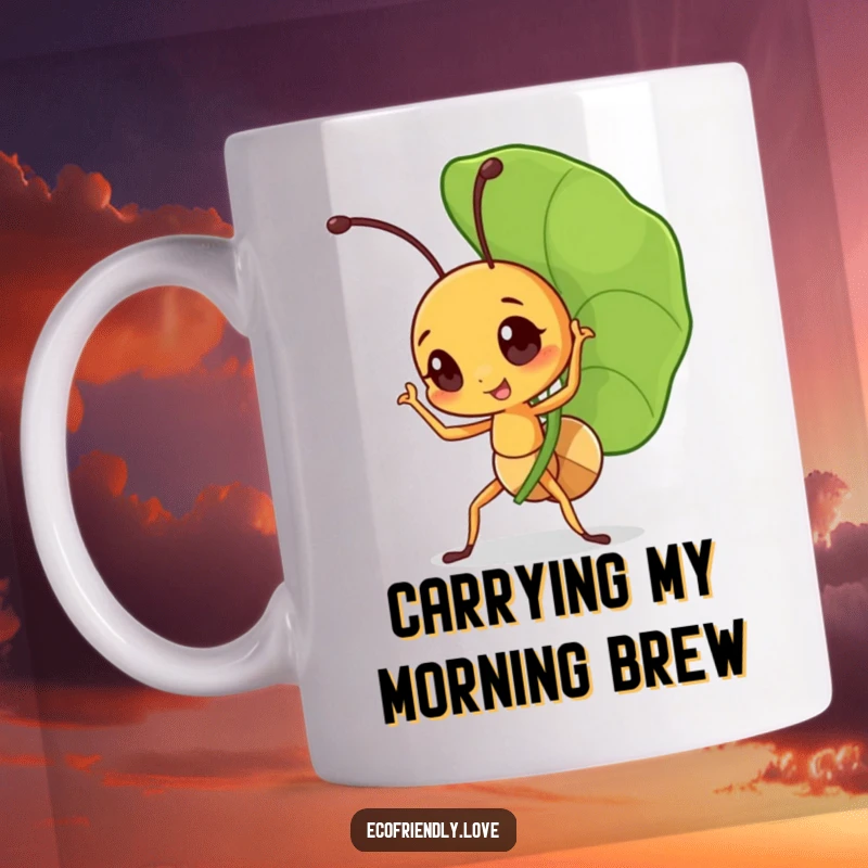 Funny ant mug showing a tiny character triumphantly carrying a leaf much larger than itself, symbolizing perseverance and strength.