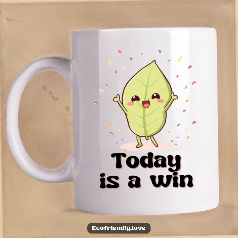 Funny Leaf Mug: A kawaii leaf character humorously doing a victory dance, surrounded by colorful confetti, symbolizing triumph.