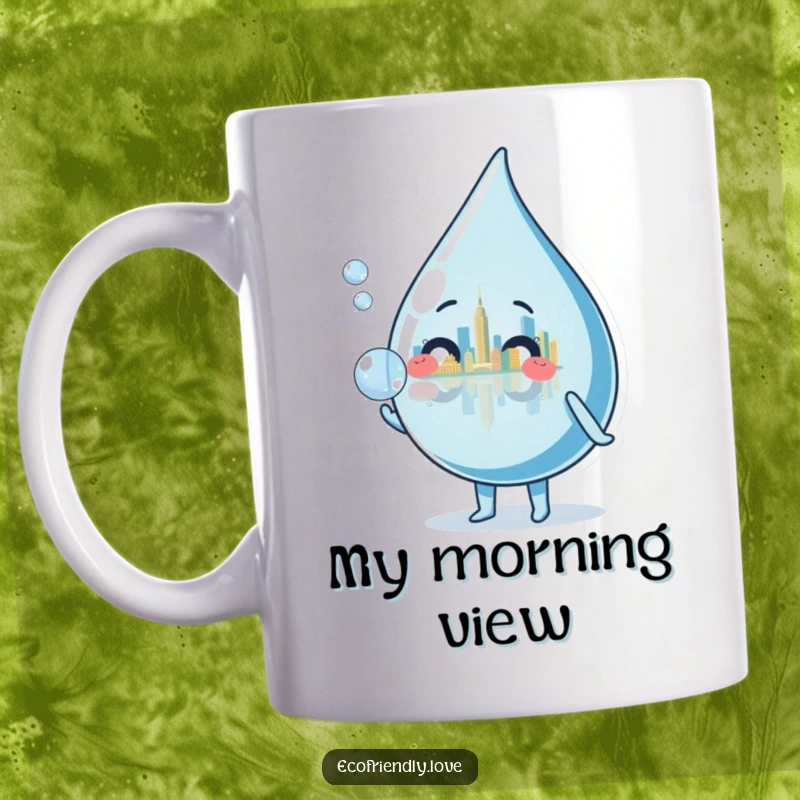 Funny, friendly water droplet character humorously blowing a large bubble that perfectly reflects a miniature, charming cityscape on a mug.