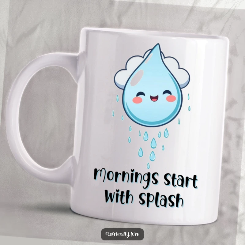 Funny water droplet character gleefully sliding down a fluffy rain cloud, depicted on a cheerful and humorous mug.