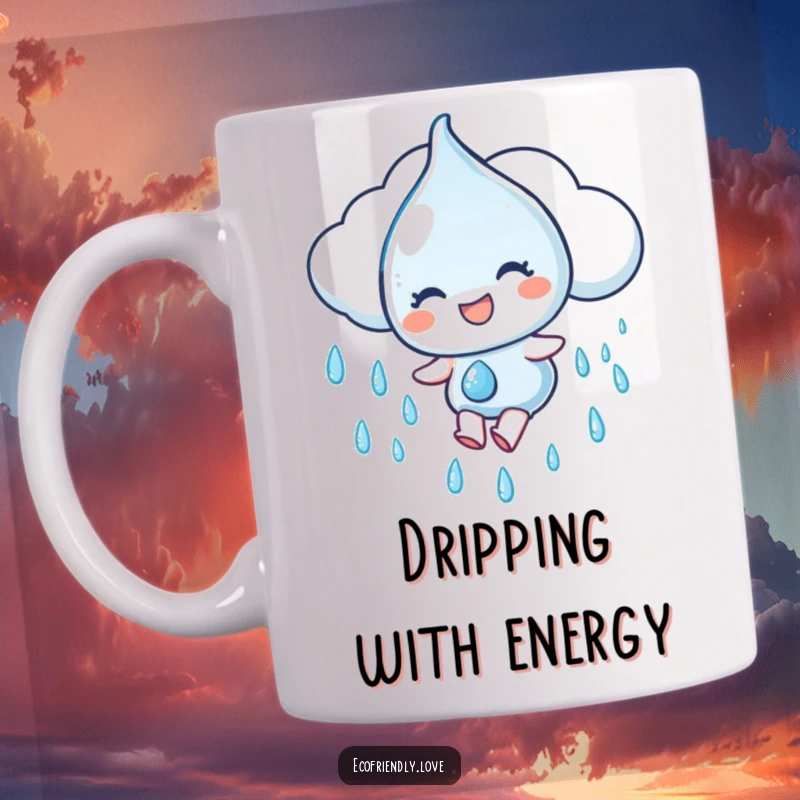 Funny Mug: A cheerful water droplet character gleefully slides down a rain cloud, radiating joy and refreshment, a perfect funny gift.
