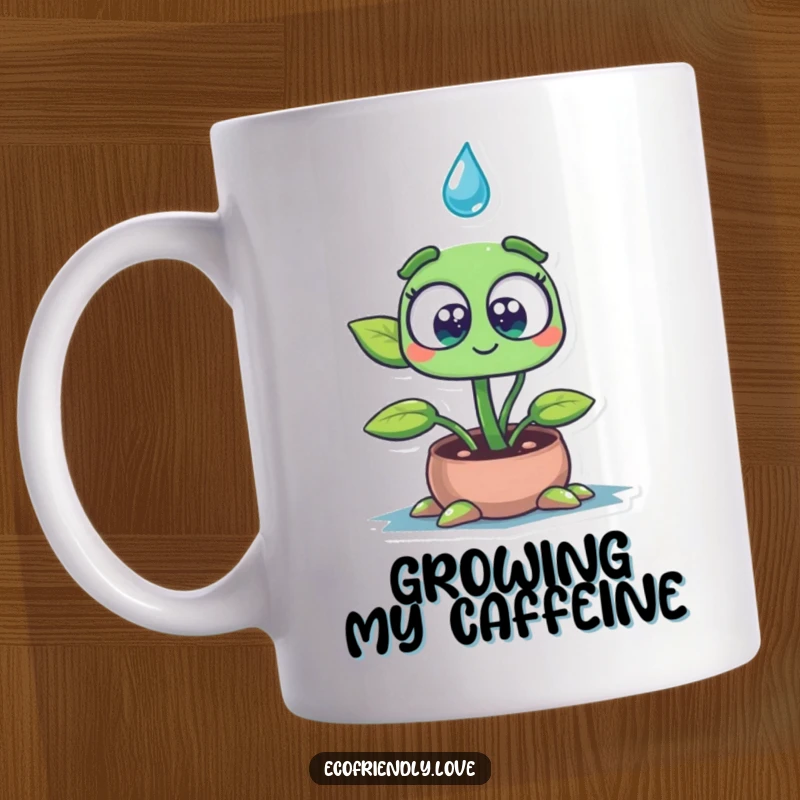 Funny mug with a plant seedling character, wide eyes full of wonder, absorbing a single large water drop, conveying innocent delight and thirst for life.