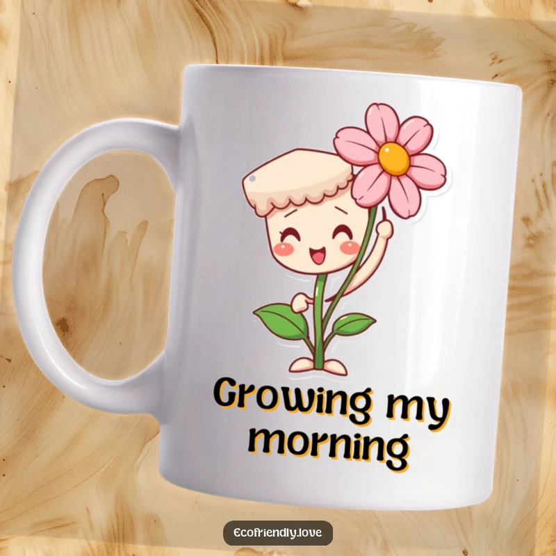 Funny mug featuring a proud seedling character holding up a beautiful blooming flower. A perfect gift celebrating growth.