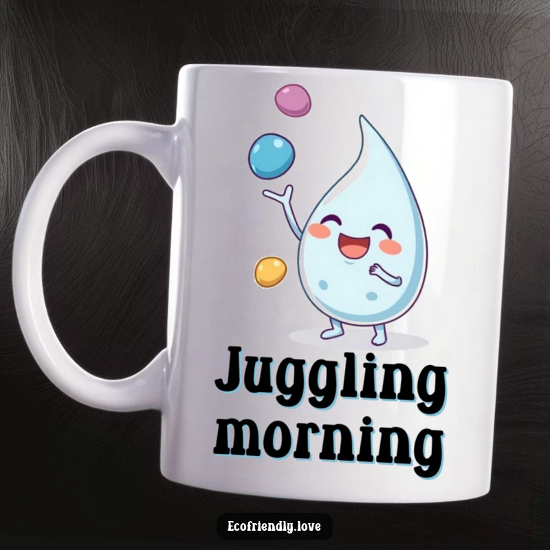 Funny mug featuring a happy water droplet character excitedly juggling colorful pebbles with a wide smile.