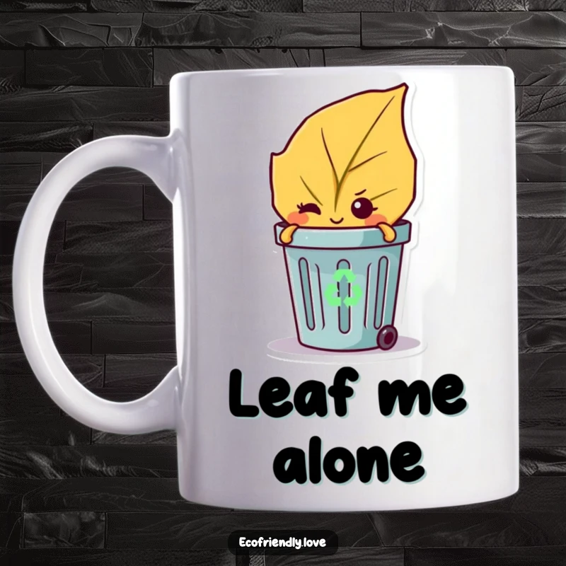 Funny mug with a mischievous leaf character peeking from a tiny recycling bin and giving a wink.