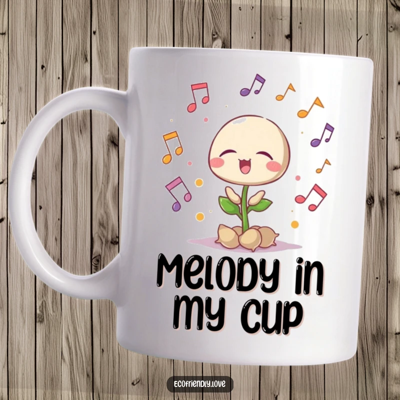 Funny singing seedling mug with musical notes, eyes closed in delight, a harmonious and cheerful design, great funny gift.