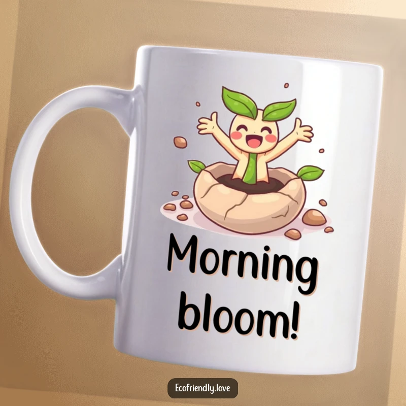 Funny mug featuring a small sprout character bursting from a cracked seed with arms wide in happy surprise.