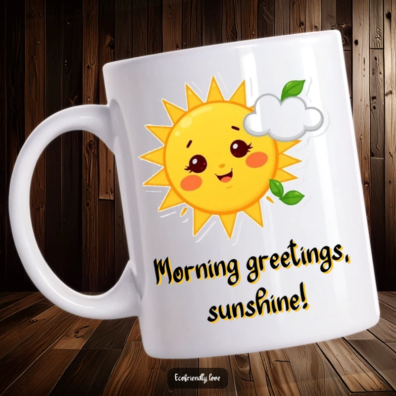 Funny Sun and Cloud Mug: A bright yellow sun with starry eyes playfully waves a leafy tendril at a cheerful, puffy cloud overhead.