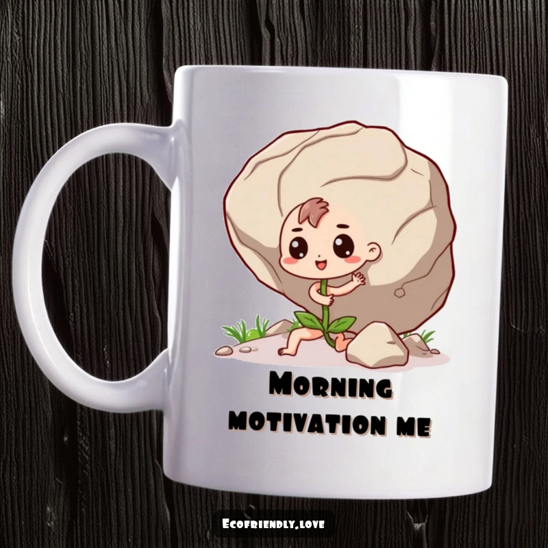 Funny Seedling Mug: A determined kawaii seedling character humorously pushing a giant boulder, symbolizing strength and perseverance.