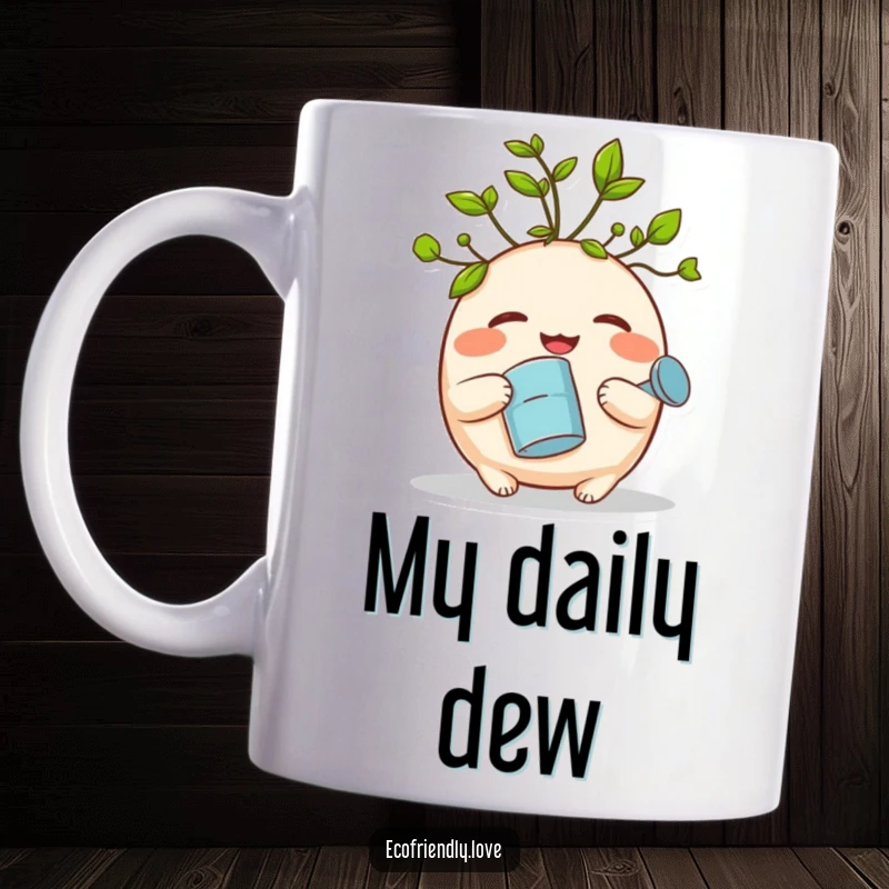 Funny mug featuring a round, giggling sprout with green leaves holding a watering can, spreading joy and plant-themed humor.