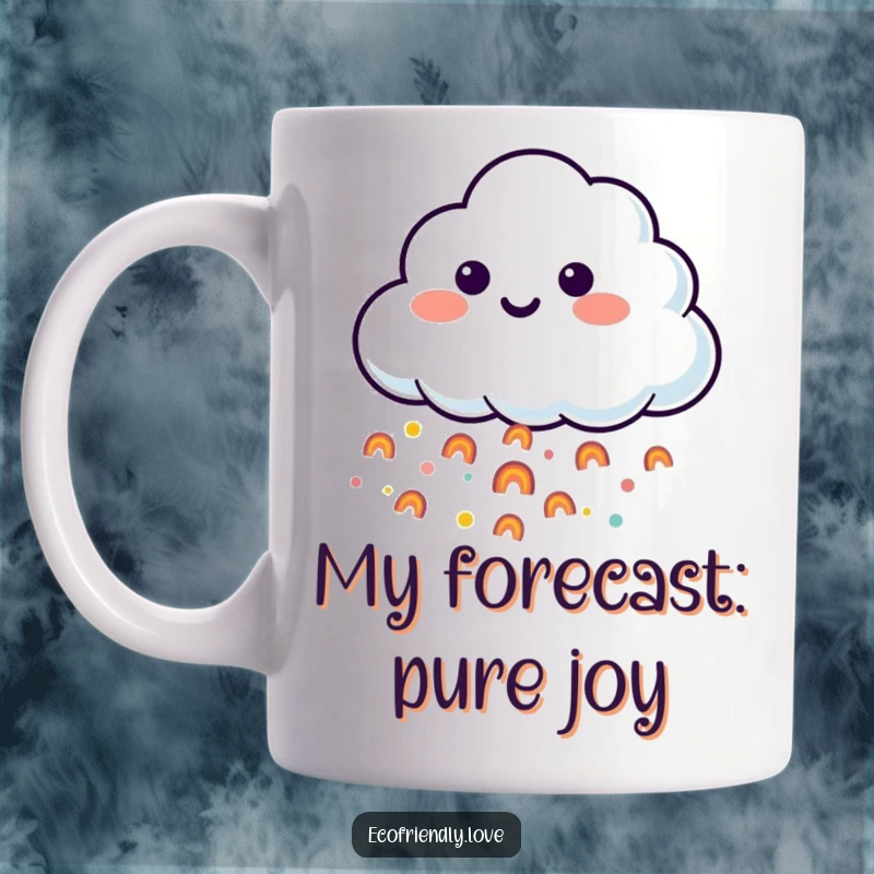 Funny cloud mug with a cheerful face, showering tiny happy rainbows during a gentle downpour, spreading joy and laughter.