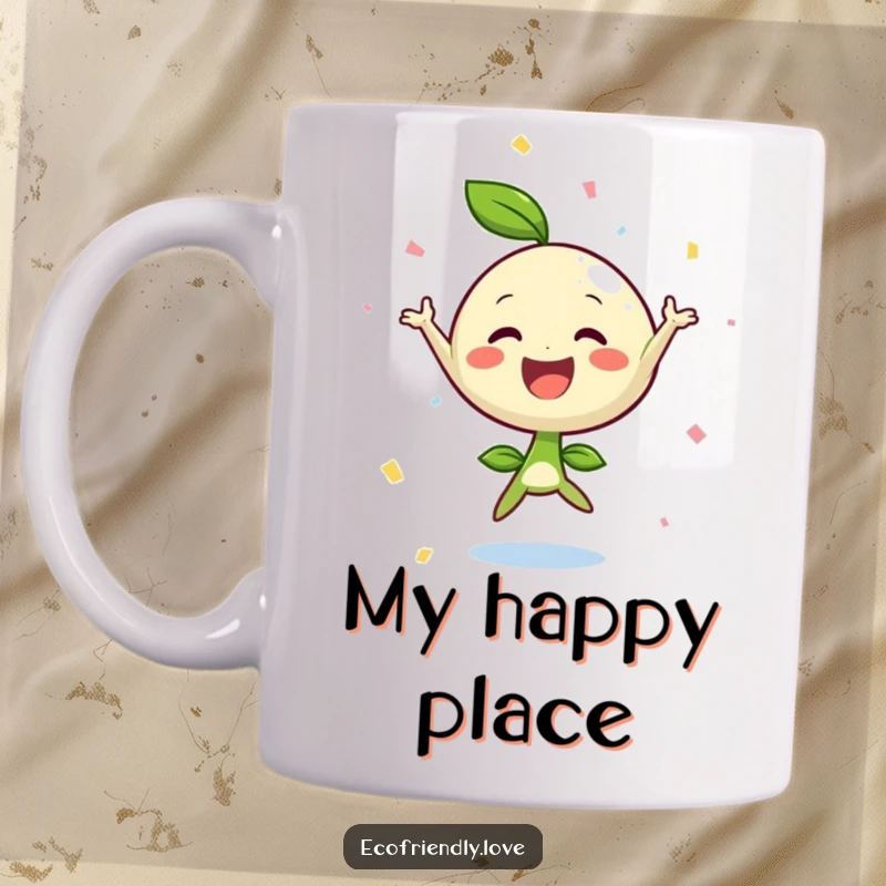 Funny sprout character mug with confetti falling, jumping with pure joy and a big smile, perfect gift for plant lovers.