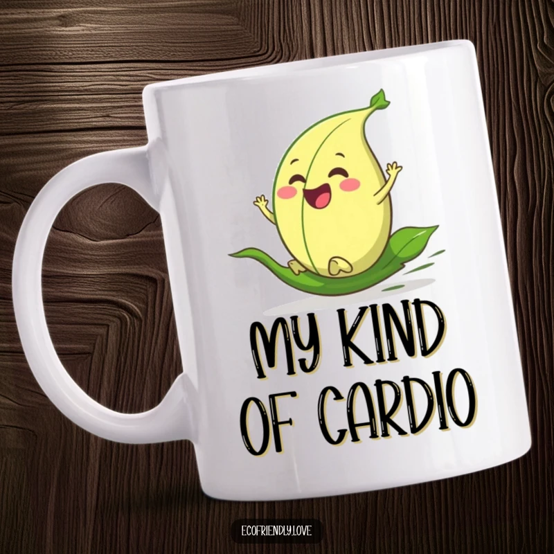 Funny mug featuring a cheerful green leaf character joyfully rolling downhill with pure enthusiasm, a symbol of carefree fun.