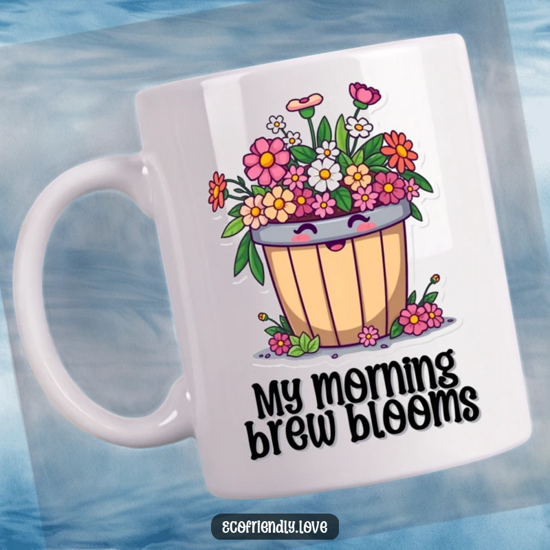 Funny mug featuring a cheerful, round compost bin character comically overflowing with happy, smiling flowers, celebrating eco-friendly humor.