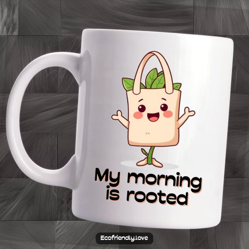 Funny mug featuring a happy plant character stylishly offering a reusable tote bag as a hat, embodying eco-friendly fashion and humor.
