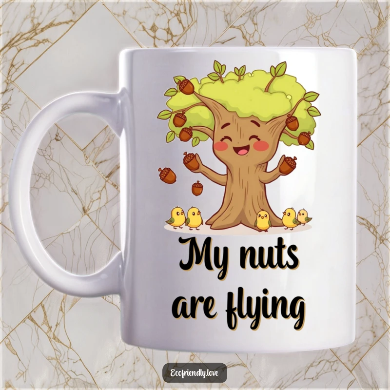 Funny, smiling tree character skillfully juggling multiple acorns with tiny, captivated birds watching from branches on a humorous mug.