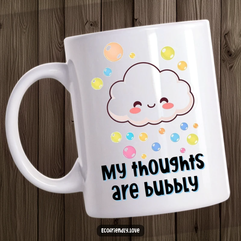 Funny cloud mug showing a smiling character playfully raining colorful bubbles, a cheerful funny gift.