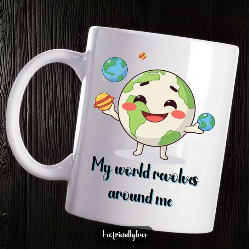 Funny kawaii Earth character with a goofy grin, juggling three small planets, depicted on a humorous coffee mug.