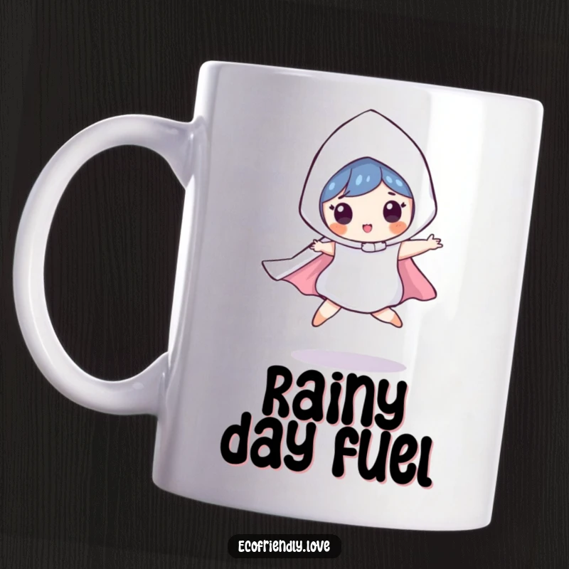 Funny mug showcasing a playful raindrop character in a superhero costume, cape flying, captured mid-leap with energetic excitement and a sense of fun.