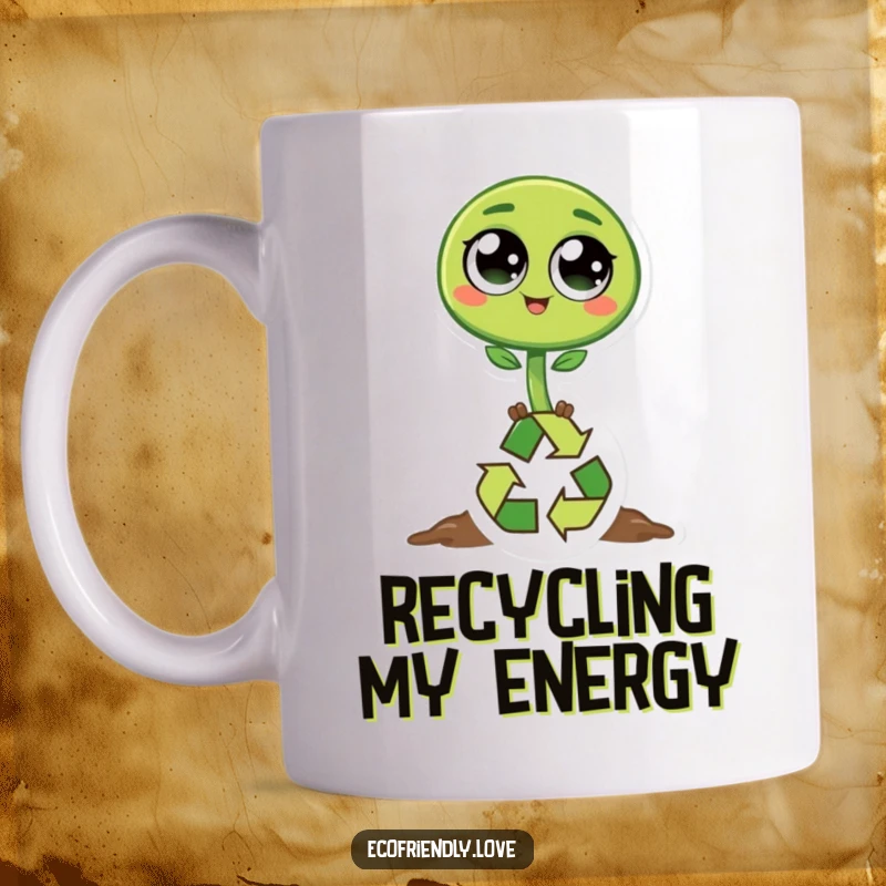 Funny sprout mug featuring a round, green character with big eyes joyfully hopping over a recycling symbol, promoting environmental awareness.