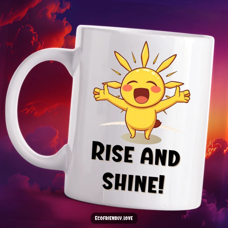 Funny mug depicting a cheerful sun character stretching its ray-like arms wide in a big, cozy yawn, radiating morning energy.