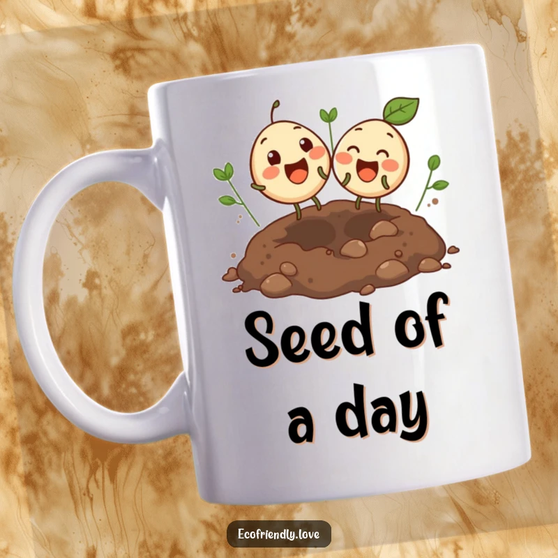 Funny mug featuring two round, giggling seeds bouncing excitedly in an open soil patch, celebrating playful germination.