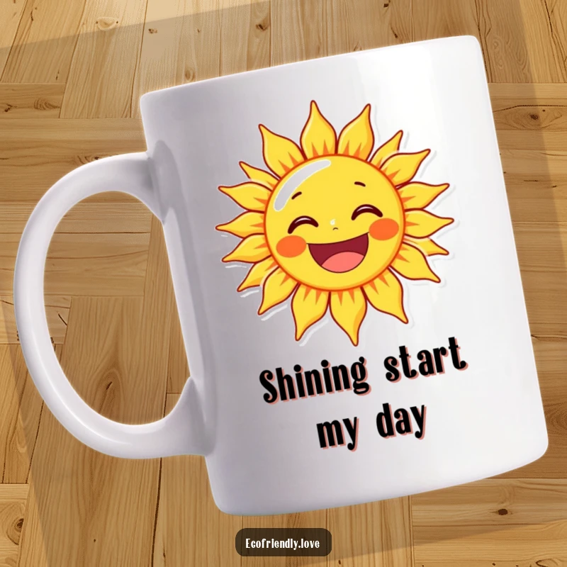 Funny sun character beaming with a wide, delighted grin, radiating warmth and happiness on a cheerful mug.