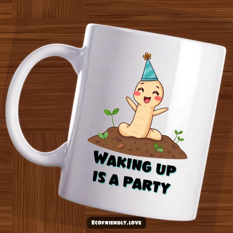 Funny Mug featuring a jubilant earthworm wearing a party hat, humorously emerging from soil, ready for a celebration.