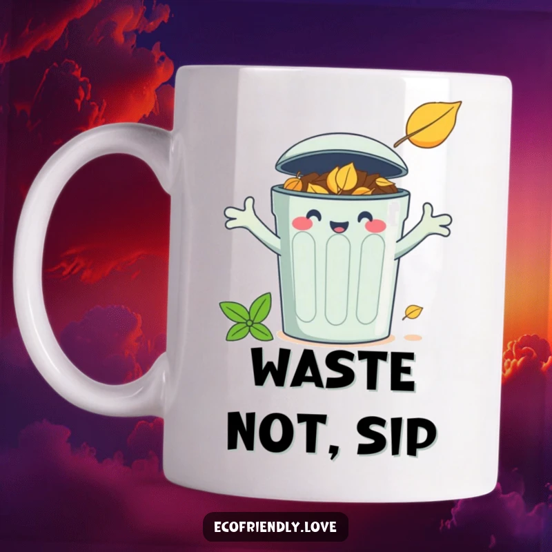 Funny mug depicts a smiling compost bin character with arms open wide joyfully welcoming a fallen leaf.