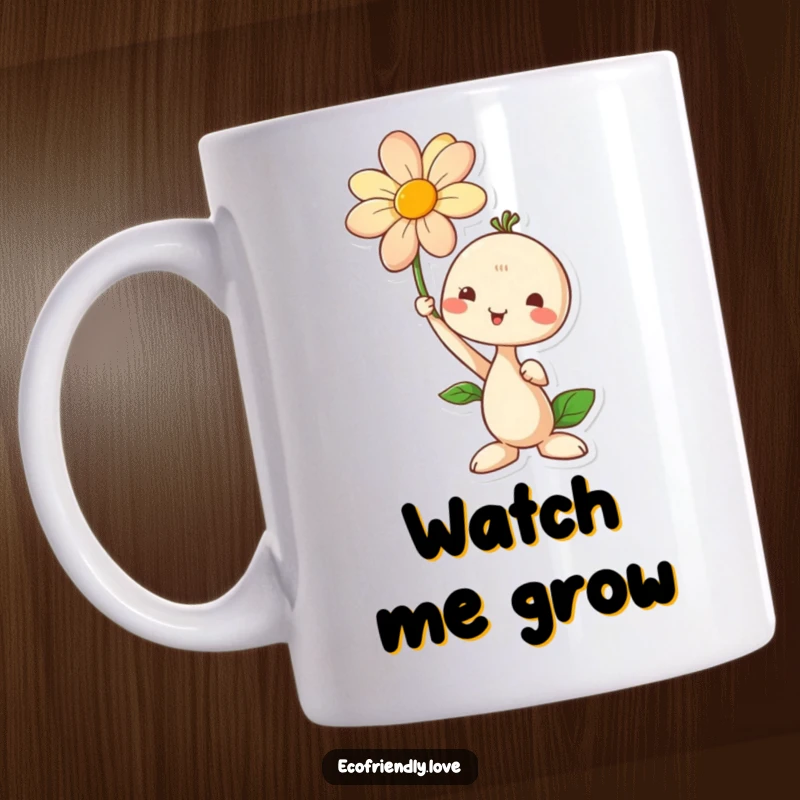 Funny mug featuring a cute seedling character proudly holding a vibrant blooming flower, symbolizing growth and new beginnings.