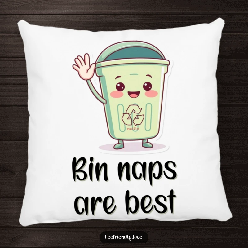 Funny pillow featuring a recycling bin character waving hello, offering cozy comfort and eco-friendly charm.