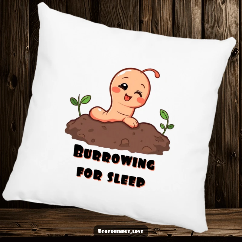 Funny pillow featuring a smiling earthworm character emerging from soil, its expression conveying pure amusement and giggles.